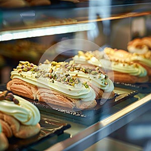 Delectable pistachio eclairs showcased in close up in glass showcase