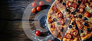 Delectable pizza on black stone, top view, fresh ingredients, space for personalized text