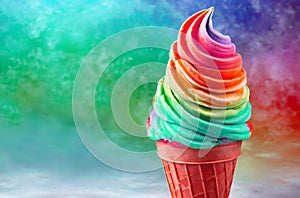 Delectable Rainbow Colored Soft Serve Ice Cream Cone Isolated on Multi-color Backdrop