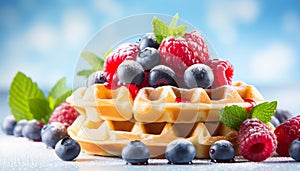 Delectable raspberry and blueberry belgian waffles for breakfast with free copy space