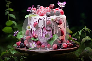 Delectable Raspberry cake in garden. Generate Ai
