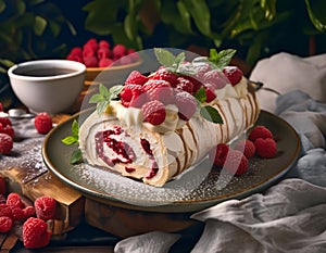 A delectable raspberry-filled dessert on a plate, surrounded by fresh raspberries and mint leaves, with a cozy and inviting photo