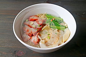 Delectable Roasted Pork Wonton and Egg Noodle Soup with Vegetables