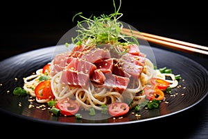 Delectable Sashimi tuna noodles. Generate Ai photo