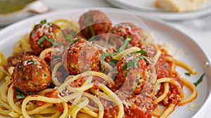 Delectable Spaghetti with Meatballs and Fresh Basil Close-Up