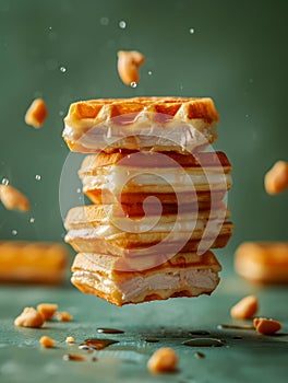 Delectable Stacked Belgian Waffles Dripped with Golden Honey and Nut Bits on a Moody Teal Background