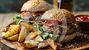 Delectable Steak Burgers with Ham and Crispy Potato Wedges
