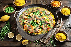 A delectable steaming paella presented from a top-view perspective showcasing a symphony of seafood