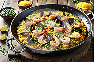 A delectable steaming paella presented from a top-view perspective showcasing a symphony of seafood