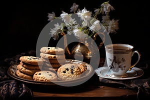 Delectable Stilllife flower tea cookies. Generate Ai photo