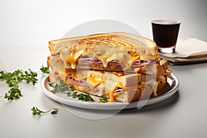 A delectable toast sandwich featuring savory ham and oozy melted cheese