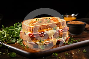 A delectable toast sandwich featuring savory ham and oozy melted cheese