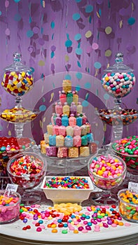 Delectable treats adorning candy buffet, a sugar coated spectacle