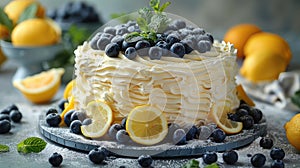 a delectable white cake adorned with slices of lemon, blueberries, and mint leaves, set against a pristine backdrop with