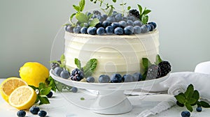 a delectable white cake adorned with slices of lemon, blueberries, and mint leaves, set against a pristine backdrop with