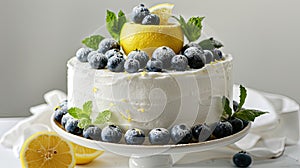 a delectable white cake adorned with slices of lemon, blueberries, and mint leaves, set against a pristine backdrop with