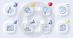 Delegate work, Attached info and Globe line icons. For web app, printing. Vector
