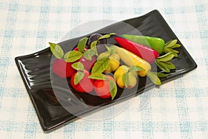 Deletable imitation fruits in black plate