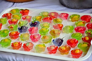 Deletable Imitation Fruits (Kanom Look Choup) mix in jelly