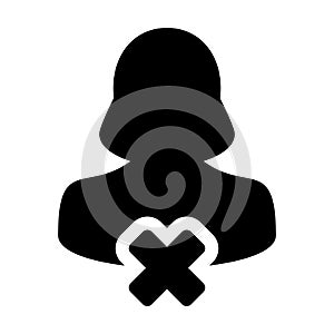 Delete account icon vector female user person profile avatar with close symbol in flat color glyph pictogram