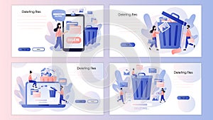 Delete concept. Tiny people deleting data and move unnecessary files to the trash bin. Screen template for mobile smart