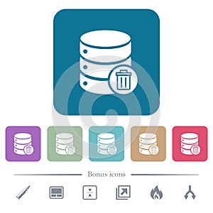 Delete from database flat icons on color rounded square backgrounds