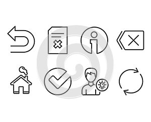 Delete file, Verify and Remove icons. Person idea, Undo and Full rotation signs.