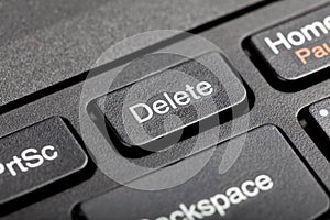 Delete key, del button on a laptop keyboard, object macro, extreme closeup, detail. User file deletion, traces removal, erasing