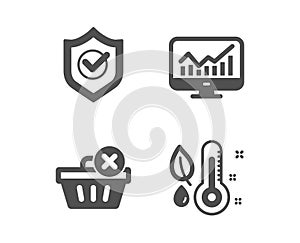 Delete purchase, Statistics and Approved shield icons. Thermometer sign. Vector