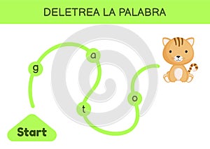 Deletrea la palabra - Spell the word. Maze for kids. Spelling word game template. Learn to read word cat. Activity page for study photo