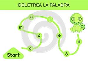 Deletrea la palabra - Spell the word. Maze for kids. Spelling word game template. Learn to read word chameleon. Activity page for photo