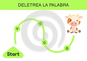 Deletrea la palabra - Spell the word. Maze for kids. Spelling word game template. Learn to read word cow. Activity page for study photo