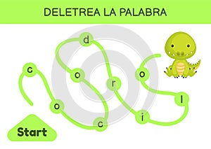 Deletrea la palabra - Spell the word. Maze for kids. Spelling word game template. Learn to read word crocodile. Activity page for photo