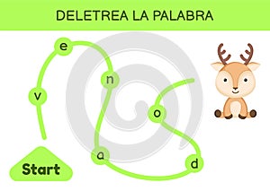 Deletrea la palabra - Spell the word. Maze for kids. Spelling word game template. Learn to read word deer. Activity page for study photo