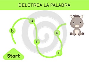 Deletrea la palabra - Spell the word. Maze for kids. Spelling word game template. Learn to read word donkey. Activity page for photo