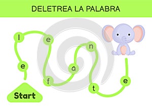 Deletrea la palabra - Spell the word. Maze for kids. Spelling word game template. Learn to read word elephant. Activity page for photo