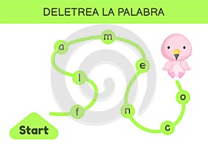 Deletrea la palabra - Spell the word. Maze for kids. Spelling word game template. Learn to read word flamingo. Activity page for photo