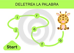 Deletrea la palabra - Spell the word. Maze for kids. Spelling word game template. Learn to read word giraffe. Activity page for photo