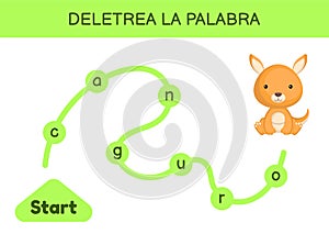 Deletrea la palabra - Spell the word. Maze for kids. Spelling word game template. Learn to read word kangaroo. Activity page for photo
