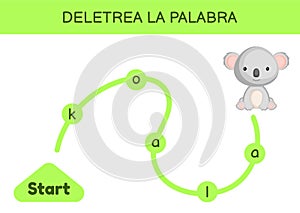 Deletrea la palabra - Spell the word. Maze for kids. Spelling word game template. Learn to read word koala. Activity page for photo