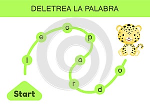 Deletrea la palabra - Spell the word. Maze for kids. Spelling word game template. Learn to read word leopard. Activity page for photo