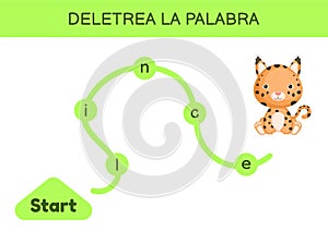 Deletrea la palabra - Spell the word. Maze for kids. Spelling word game template. Learn to read word lynx. Activity page for study photo
