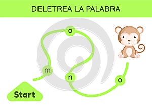 Deletrea la palabra - Spell the word. Maze for kids. Spelling word game template. Learn to read word monkey. Activity page for photo