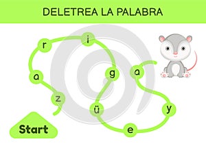 Deletrea la palabra - Spell the word. Maze for kids. Spelling word game template. Learn to read word opossum. Activity page for photo