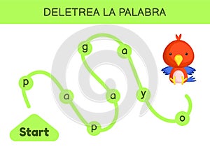 Deletrea la palabra - Spell the word. Maze for kids. Spelling word game template. Learn to read word parrot. Activity page for photo