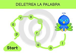 Deletrea la palabra - Spell the word. Maze for kids. Spelling word game template. Learn to read word peacock. Activity page for photo