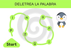 Deletrea la palabra - Spell the word. Maze for kids. Spelling word game template. Learn to read word penguin. Activity page for photo