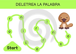 Deletrea la palabra - Spell the word. Maze for kids. Spelling word game template. Learn to read word platypus. Activity page for photo