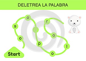 Deletrea la palabra - Spell the word. Maze for kids. Spelling word game template. Learn to read word polar bear. Activity page for photo