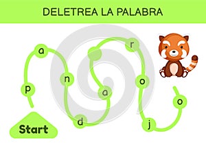 Deletrea la palabra - Spell the word. Maze for kids. Spelling word game template. Learn to read word red panda. Activity page for photo